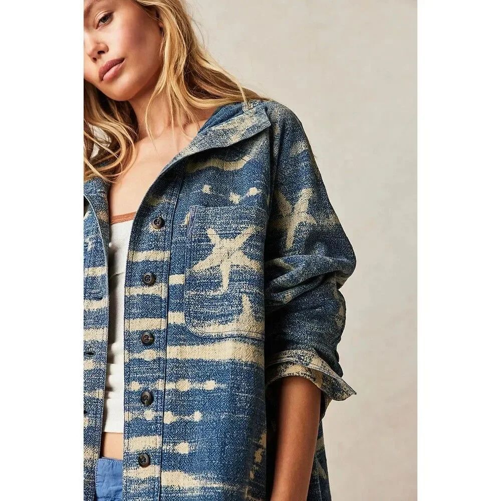 Free People We The Free Among The Stars Top Women’s L Blue Button Down Jacket